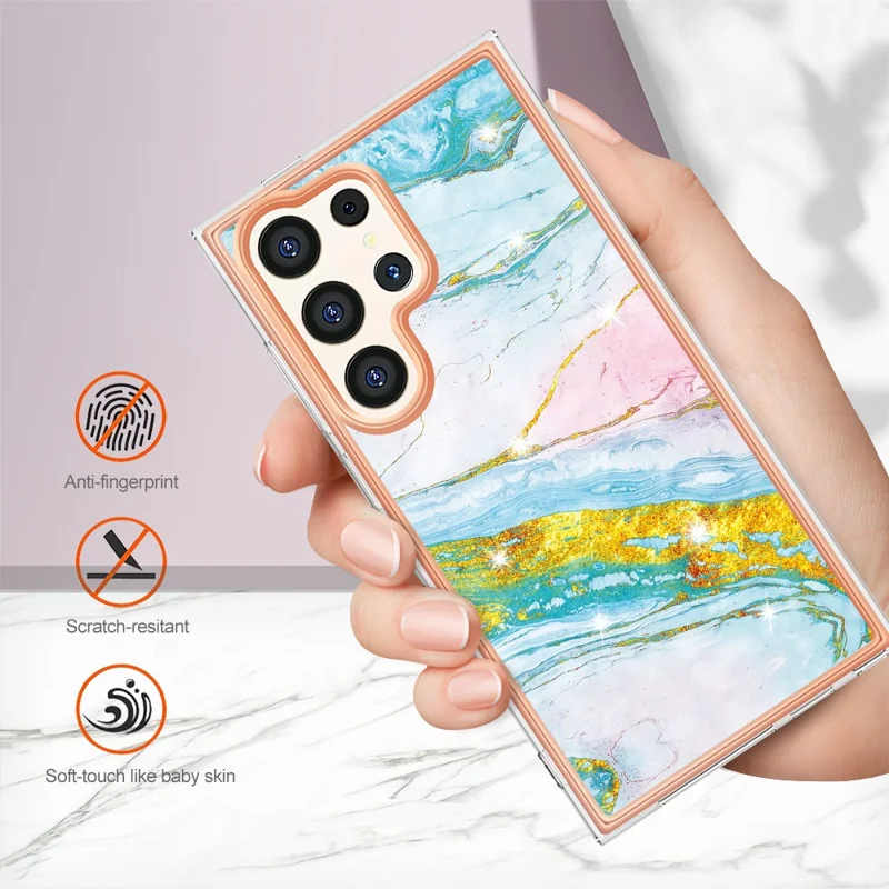 For Samsung Galaxy S24 Ultra TPU Case with IMD Marble Pattern Electroplated Back Cover - Green 004