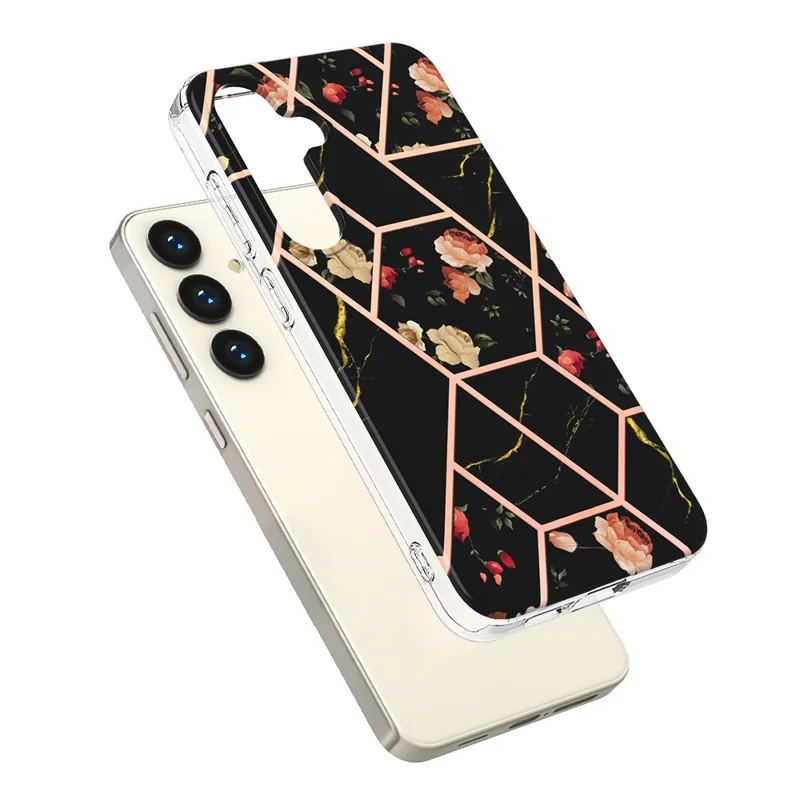 Samsung Galaxy S24+ Hülle mit IMD Marmor-Blumenmuster aus TPU Schutzhülle – Schwarze Blumen