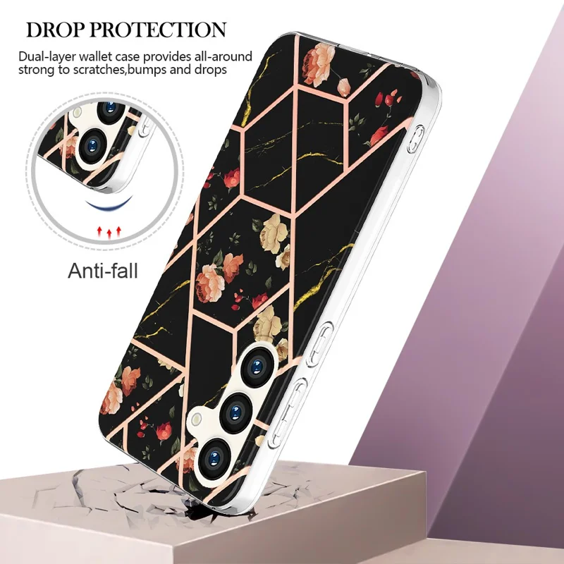 Samsung Galaxy S24+ Hülle mit IMD Marmor-Blumenmuster aus TPU Schutzhülle – Schwarze Blumen