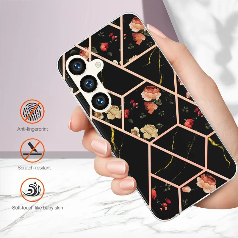 Samsung Galaxy S24+ Hülle mit IMD Marmor-Blumenmuster aus TPU Schutzhülle – Schwarze Blumen