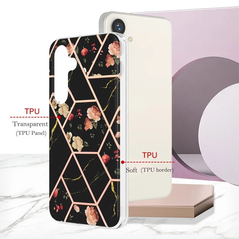 Samsung Galaxy S24+ Hülle mit IMD Marmor-Blumenmuster aus TPU Schutzhülle – Schwarze Blumen