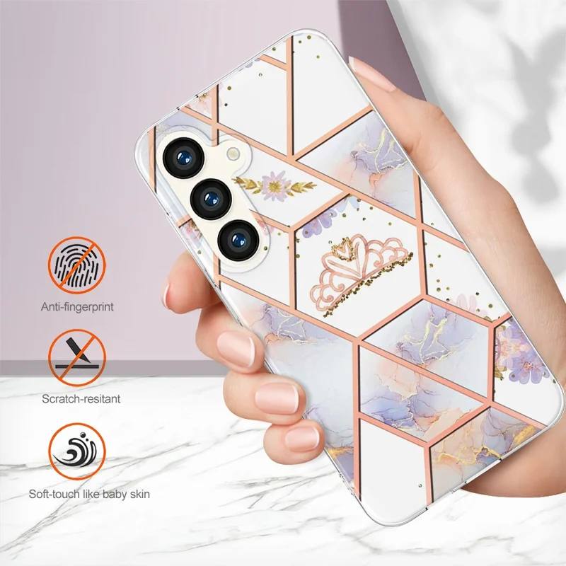 For Samsung Galaxy S24+ Case with IMD Marble Flower Pattern TPU Mobile Back Cover - Crown