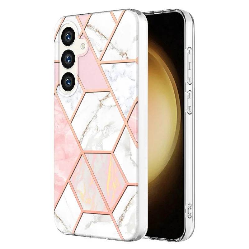 For Samsung Galaxy S24+ Case Splicing IMD Marble Pattern Electroplated TPU Back Cover - Pink / White