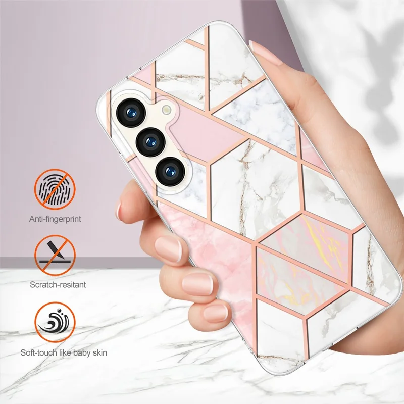 For Samsung Galaxy S24+ Case Splicing IMD Marble Pattern Electroplated TPU Back Cover - Pink / White