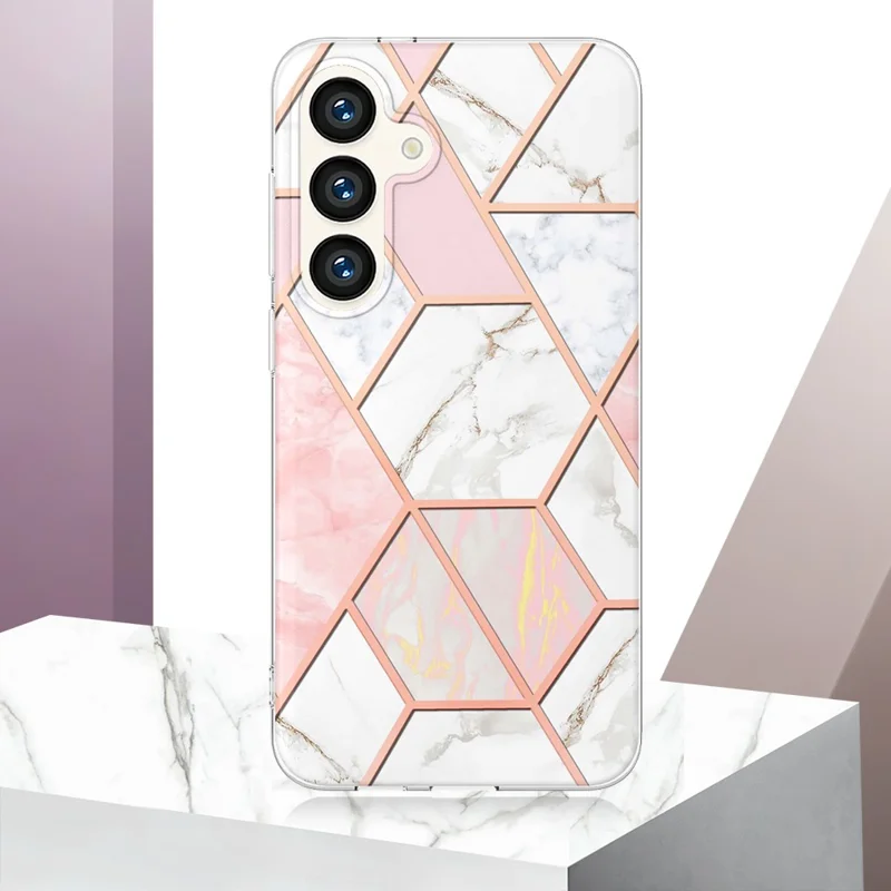 For Samsung Galaxy S24+ Case Splicing IMD Marble Pattern Electroplated TPU Back Cover - Pink / White