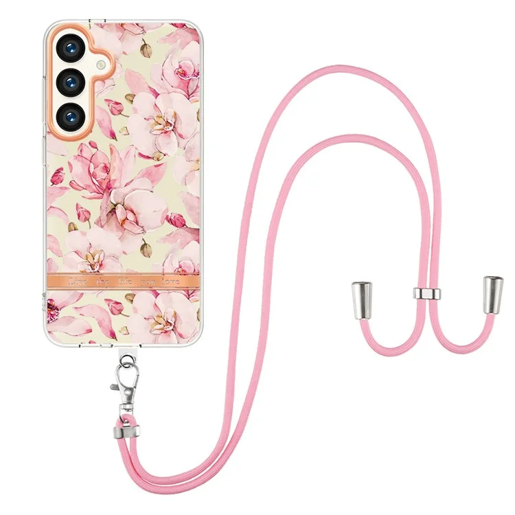 Serie YB IMD-11 para Samsung Galaxy S24+ Funda Diseño Floral TPU IMD IML Cubierta de teléfono con Cordón - HC005 Pink Gardenia