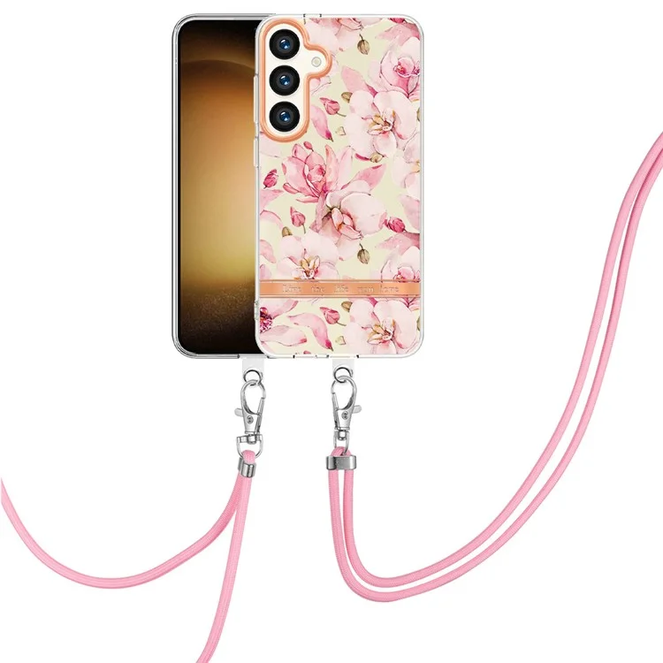Serie YB IMD-11 para Samsung Galaxy S24+ Funda Diseño Floral TPU IMD IML Cubierta de teléfono con Cordón - HC005 Pink Gardenia
