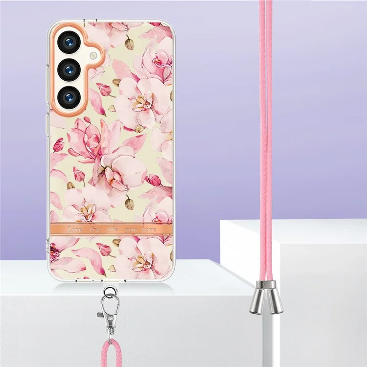 Serie YB IMD-11 para Samsung Galaxy S24+ Funda Diseño Floral TPU IMD IML Cubierta de teléfono con Cordón - HC005 Pink Gardenia