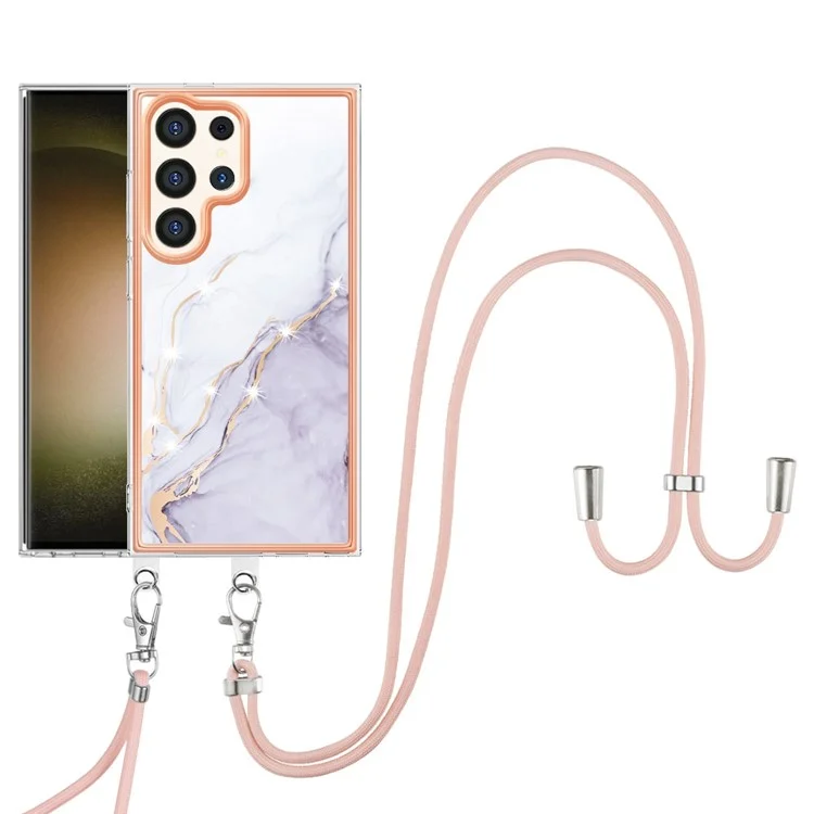 YB IMD Series-9 для Samsung Galaxy S24 Ultra Electroplating Cover Marble Pattern Phone Case с ремешком - Белый 006