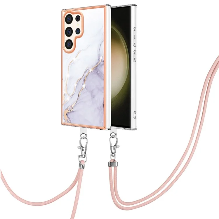 YB IMD Series-9 для Samsung Galaxy S24 Ultra Electroplating Cover Marble Pattern Phone Case с ремешком - Белый 006