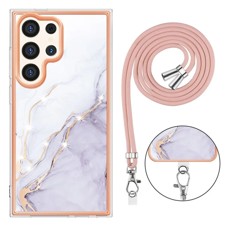 YB IMD Series-9 для Samsung Galaxy S24 Ultra Electroplating Cover Marble Pattern Phone Case с ремешком - Белый 006