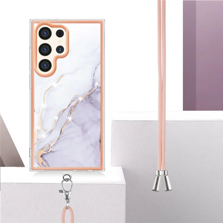 YB IMD Series-9 для Samsung Galaxy S24 Ultra Electroplating Cover Marble Pattern Phone Case с ремешком - Белый 006