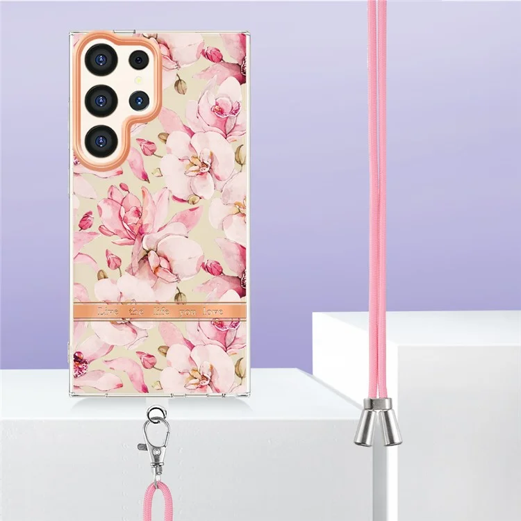 Чехол для телефона YB IMD-11 Series для Samsung Galaxy S24 Ultra с электролитическим покрытием, цветочным узором из ТПУ и регулируемым шнурком - HC005 Pink Gardenia