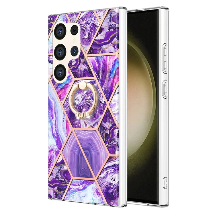 YB IMD Series-7 para Samsung Galaxy S24 Ultra Marble Case Ring Holder Phone Cover - Dark Purple