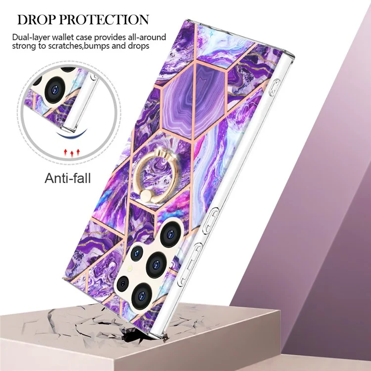 YB IMD Series-7 para Samsung Galaxy S24 Ultra Marble Case Ring Holder Phone Cover - Dark Purple