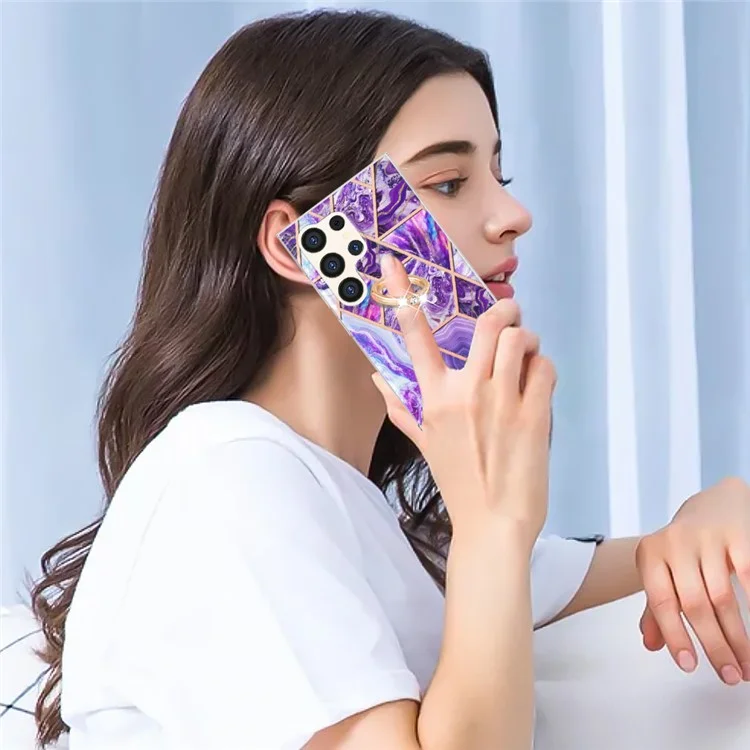 YB IMD Series-7 para Samsung Galaxy S24 Ultra Marble Case Ring Holder Phone Cover - Dark Purple