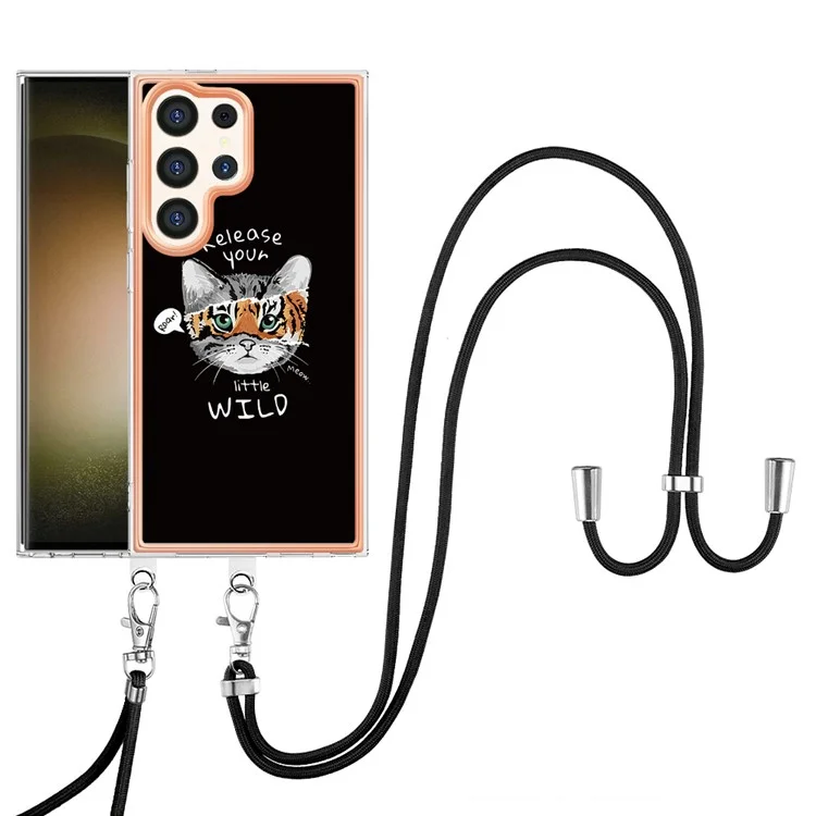 YB IMD Series-21 Style-D for Samsung Galaxy S24 Ultra Crossbody Case Plating TPU 2.0mm Phone Cover - Cat / Tiger