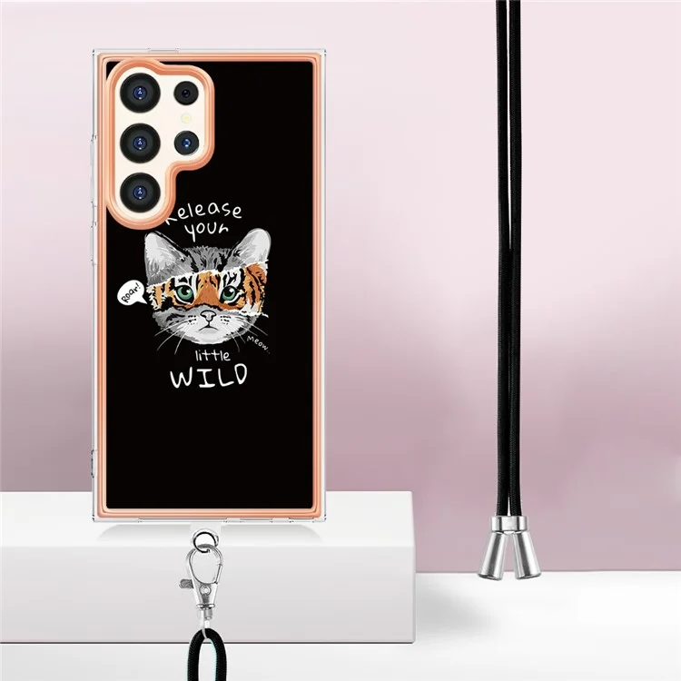 YB IMD Series-21 Style-D for Samsung Galaxy S24 Ultra Crossbody Case Plating TPU 2.0mm Phone Cover - Cat / Tiger