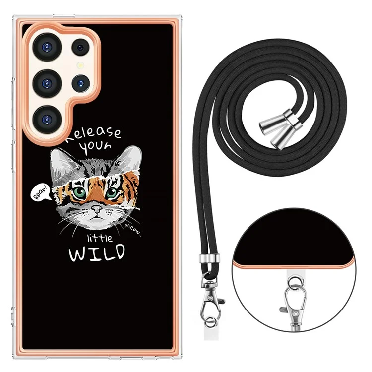 YB IMD Series-21 Style-D for Samsung Galaxy S24 Ultra Crossbody Case Plating TPU 2.0mm Phone Cover - Cat / Tiger