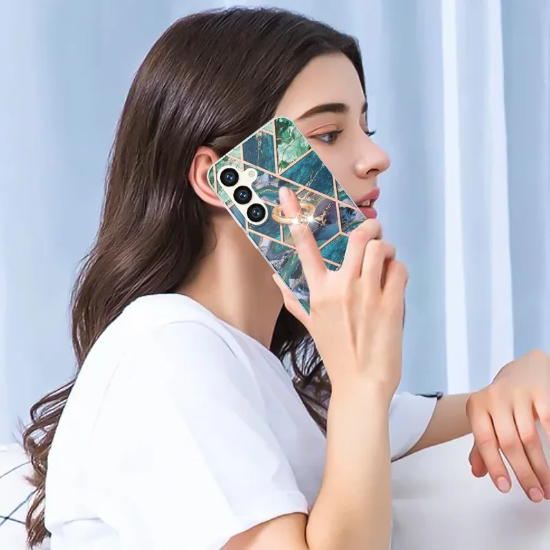 For Samsung Galaxy S24 Back Cover with Ring Kickstand Splicing Marble Pattern TPU Case - Blue / Green
