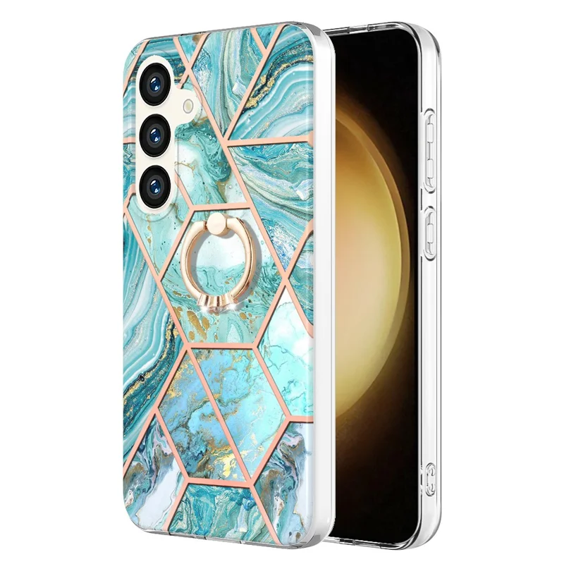 For Samsung Galaxy S24+ Back Cover with Ring Kickstand Splicing Marble Pattern TPU Case - Blue