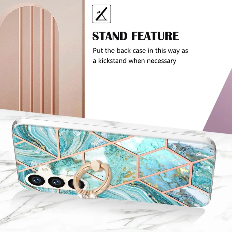 For Samsung Galaxy S24+ Back Cover with Ring Kickstand Splicing Marble Pattern TPU Case - Blue