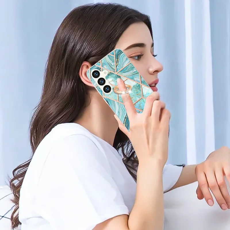 For Samsung Galaxy S24+ Back Cover with Ring Kickstand Splicing Marble Pattern TPU Case - Blue