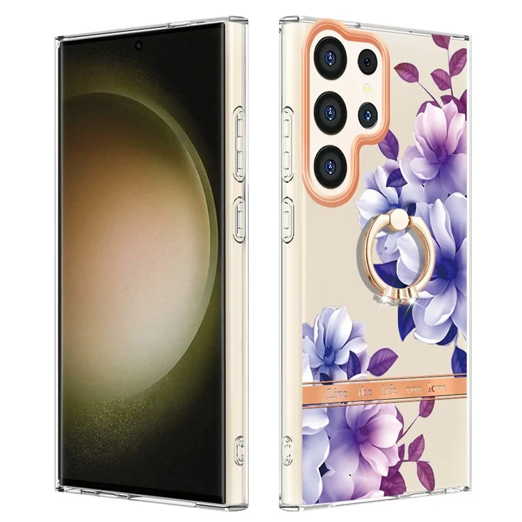 YB IMD-12 Serie für Samsung Galaxy S24 Ultra Kickstand Case Floral TPU Handyhülle - HC004 Purple Begonia