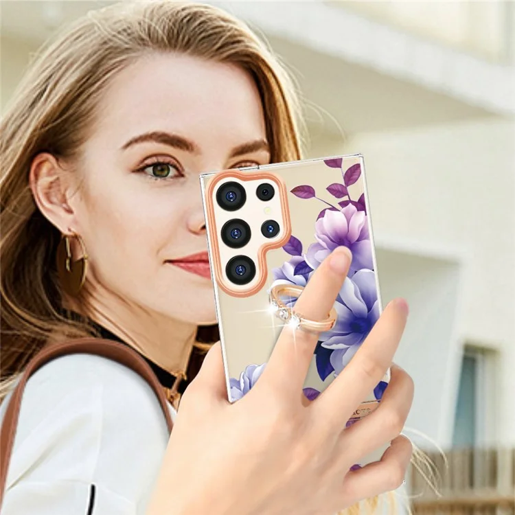 YB IMD-12 Serie für Samsung Galaxy S24 Ultra Kickstand Case Floral TPU Handyhülle - HC004 Purple Begonia