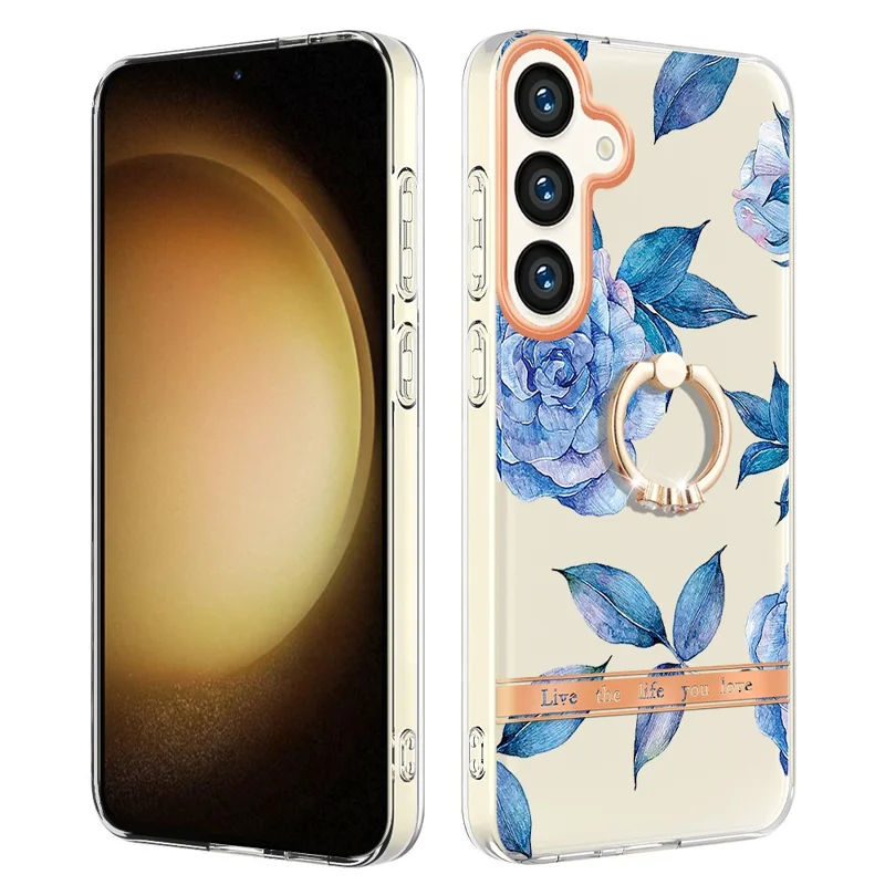 For Samsung Galaxy S24 Back Cover with Ring Kickstand Flower Pattern Electroplating TPU Case - HC003 Blue Peony