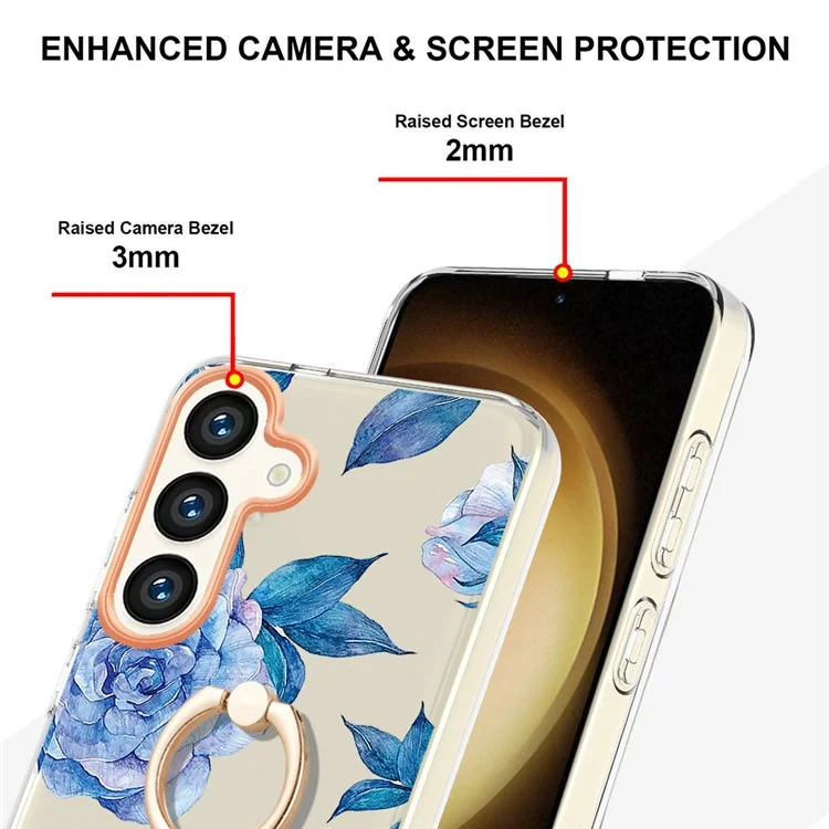 For Samsung Galaxy S24 Back Cover with Ring Kickstand Flower Pattern Electroplating TPU Case - HC003 Blue Peony