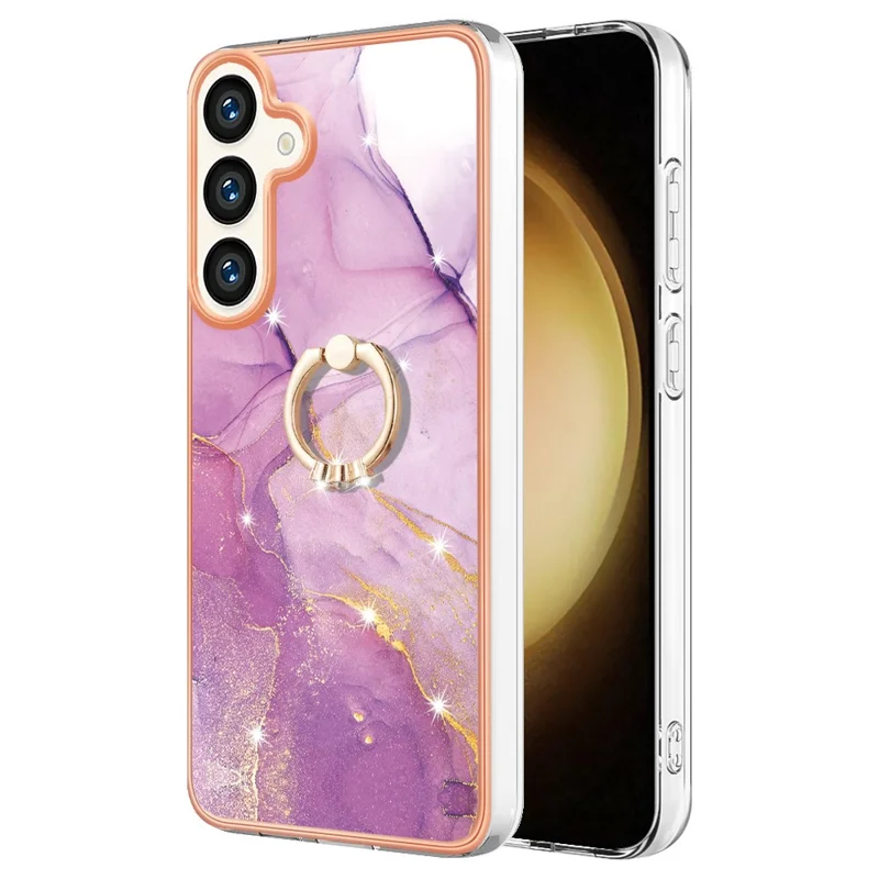 For Samsung Galaxy S24+ Case with Ring Kickstand Marble Pattern Electroplating TPU Back Cover - Purple 001