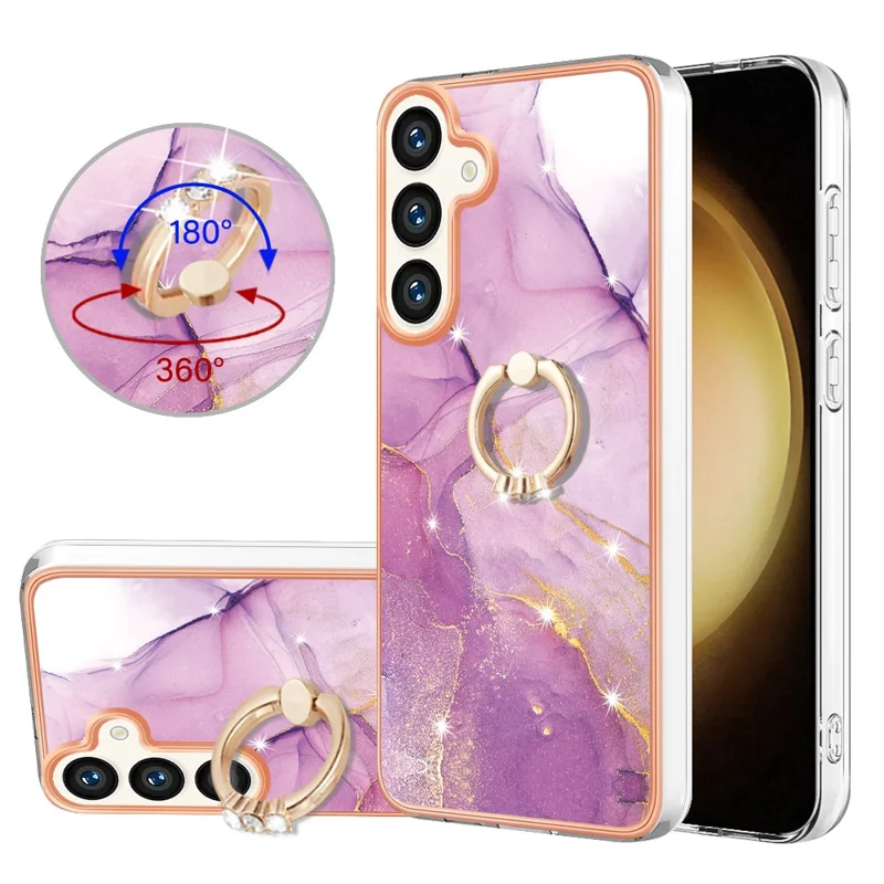 For Samsung Galaxy S24+ Case with Ring Kickstand Marble Pattern Electroplating TPU Back Cover - Purple 001