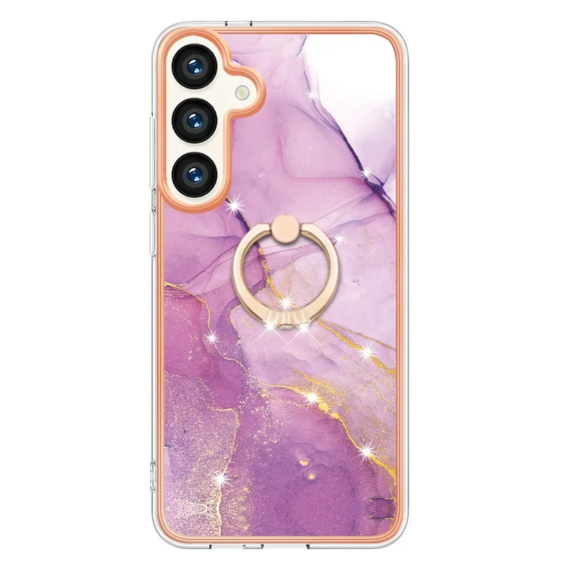 For Samsung Galaxy S24+ Case with Ring Kickstand Marble Pattern Electroplating TPU Back Cover - Purple 001