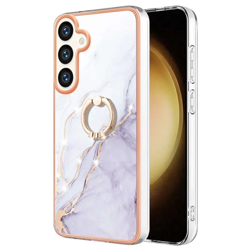 For Samsung Galaxy S24 Case with Ring Kickstand Marble Pattern Electroplating TPU Back Cover - White 006