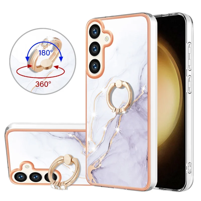 For Samsung Galaxy S24 Case with Ring Kickstand Marble Pattern Electroplating TPU Back Cover - White 006