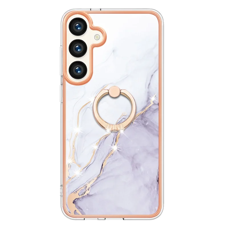 For Samsung Galaxy S24 Case with Ring Kickstand Marble Pattern Electroplating TPU Back Cover - White 006