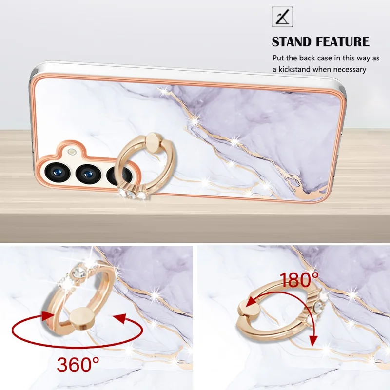 For Samsung Galaxy S24 Case with Ring Kickstand Marble Pattern Electroplating TPU Back Cover - White 006