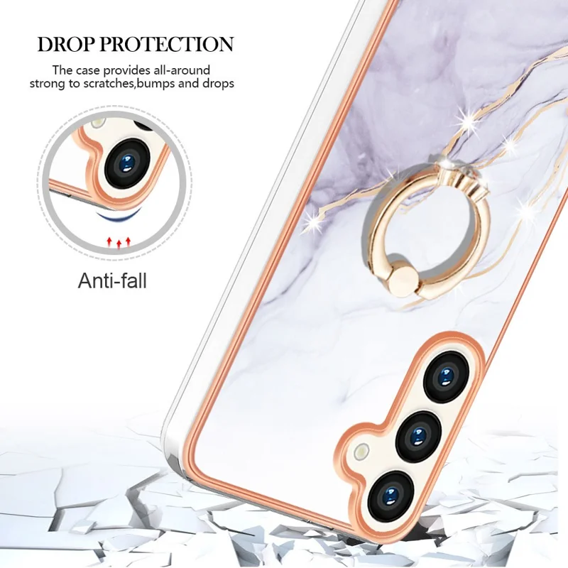 For Samsung Galaxy S24 Case with Ring Kickstand Marble Pattern Electroplating TPU Back Cover - White 006