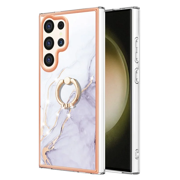 For Samsung Galaxy S24 Ultra Case with Ring Kickstand Marble Pattern Electroplating TPU Back Cover - White 006