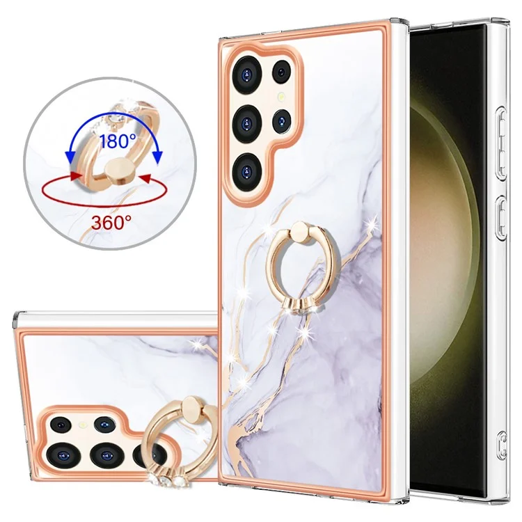 For Samsung Galaxy S24 Ultra Case with Ring Kickstand Marble Pattern Electroplating TPU Back Cover - White 006