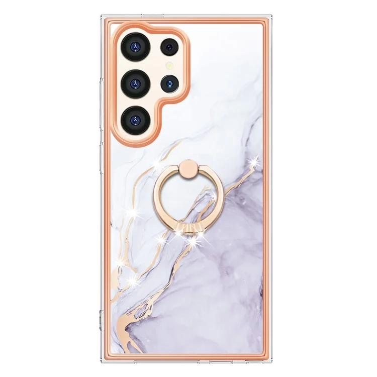 For Samsung Galaxy S24 Ultra Case with Ring Kickstand Marble Pattern Electroplating TPU Back Cover - White 006