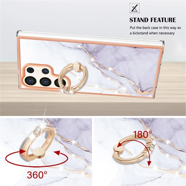 For Samsung Galaxy S24 Ultra Case with Ring Kickstand Marble Pattern Electroplating TPU Back Cover - White 006