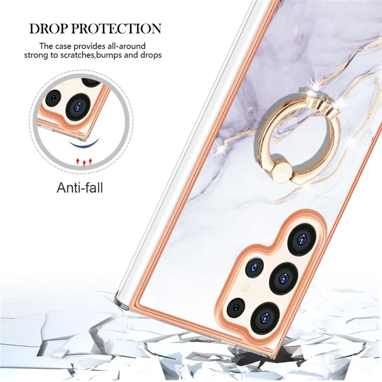 For Samsung Galaxy S24 Ultra Case with Ring Kickstand Marble Pattern Electroplating TPU Back Cover - White 006