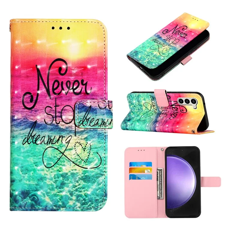 For Samsung Galaxy S24+ Leather Case 3D Pattern Printing Wallet Stand Mobile Cover with Strap - Never Stop Dreaming