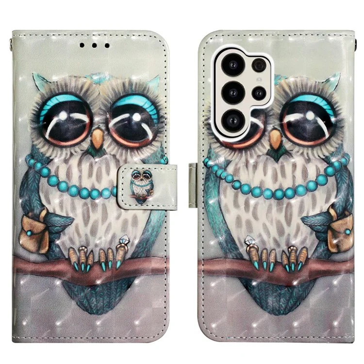 For Samsung Galaxy S24 Ultra Leather Case 3D Pattern Printing Wallet Stand Mobile Cover with Strap - Grey Owl