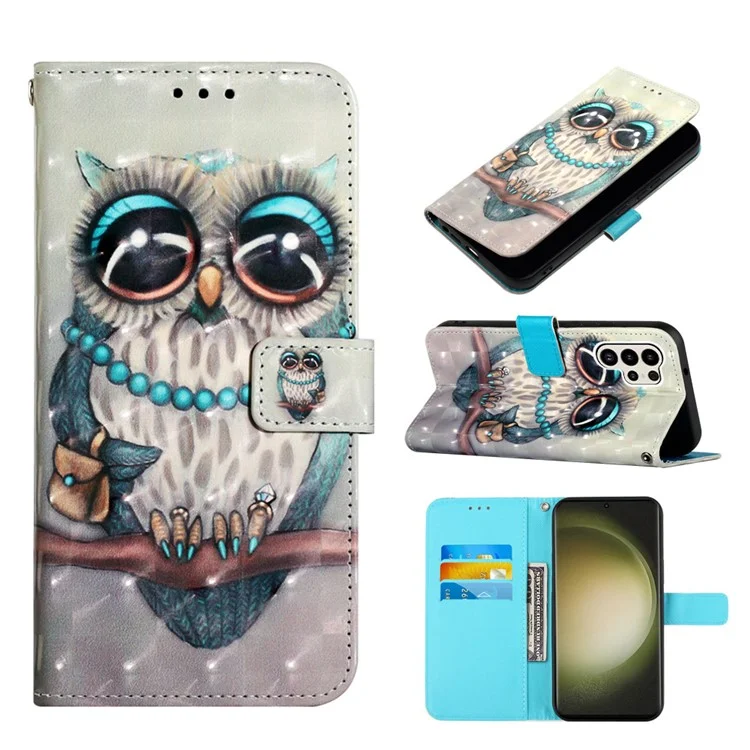 For Samsung Galaxy S24 Ultra Leather Case 3D Pattern Printing Wallet Stand Mobile Cover with Strap - Grey Owl