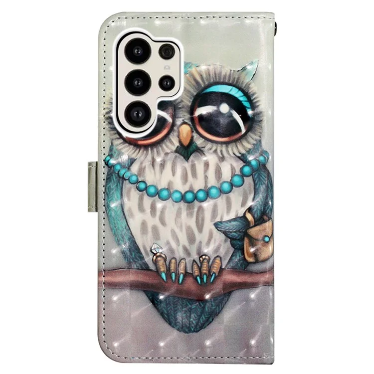 For Samsung Galaxy S24 Ultra Leather Case 3D Pattern Printing Wallet Stand Mobile Cover with Strap - Grey Owl