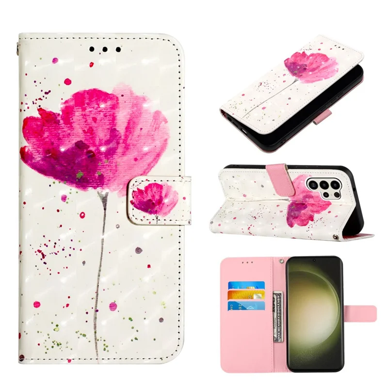 For Samsung Galaxy S24 Ultra Leather Case 3D Pattern Printing Wallet Stand Mobile Cover with Strap - Flower