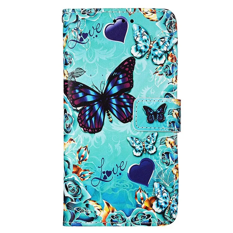 For Samsung Galaxy S24 Leather Case with Strap and Card Holder Pattern Printing Phone Stand Cover - Butterfly and Heart